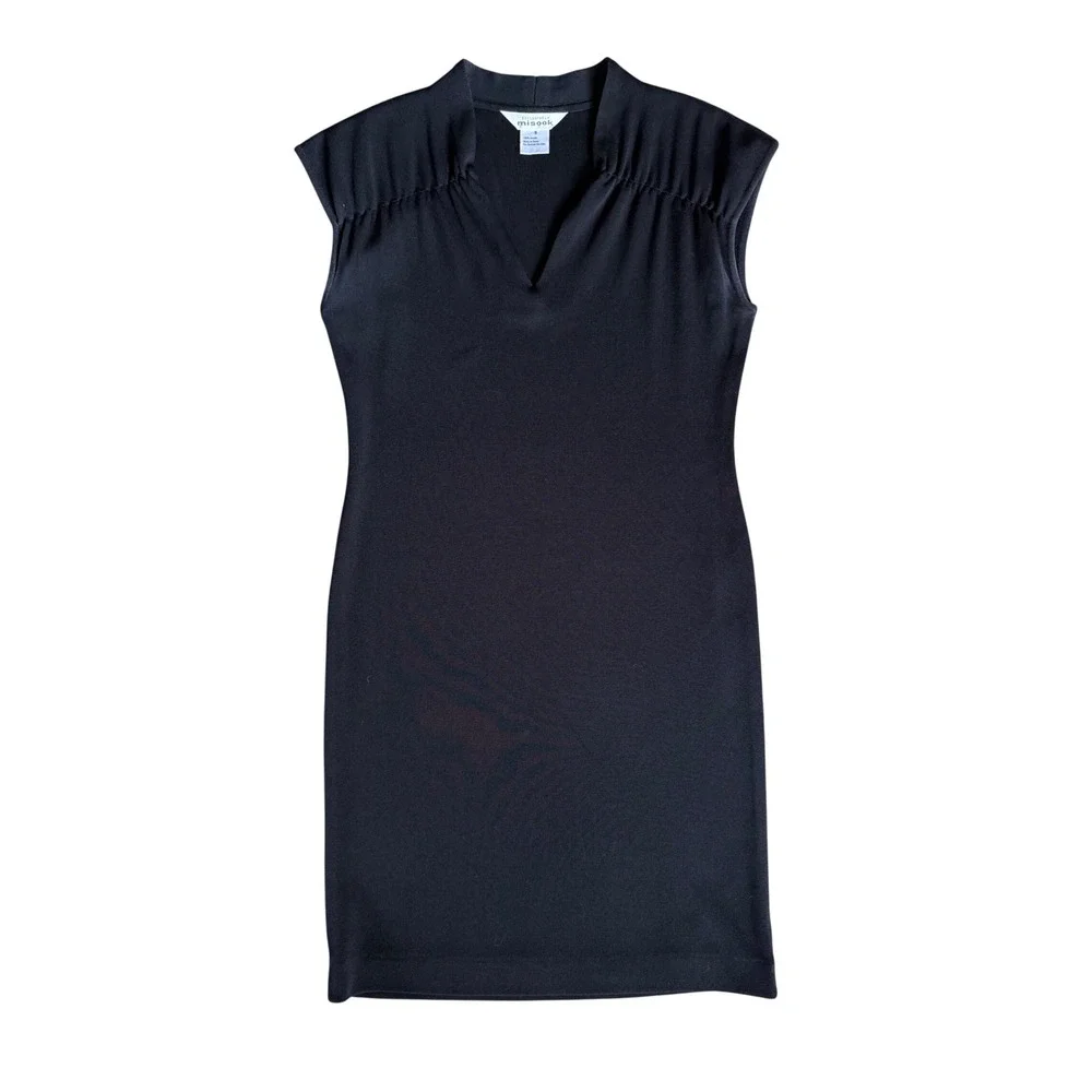 Misook Black Knit Sheath Dress Womens Small V-Neck Sleeveless Cap Sleeve Acrylic